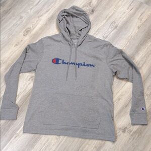 Champion Unisex Long Sleeve Hoodie Tee | Oxford Heather Gray Blue Logo T-Shirt M
